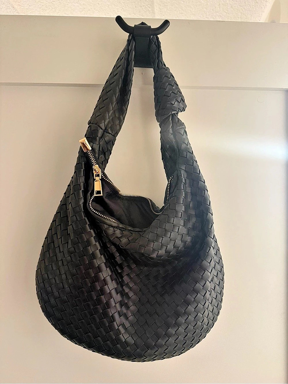 Anthropologie Woven Leather Hobo Bag Black